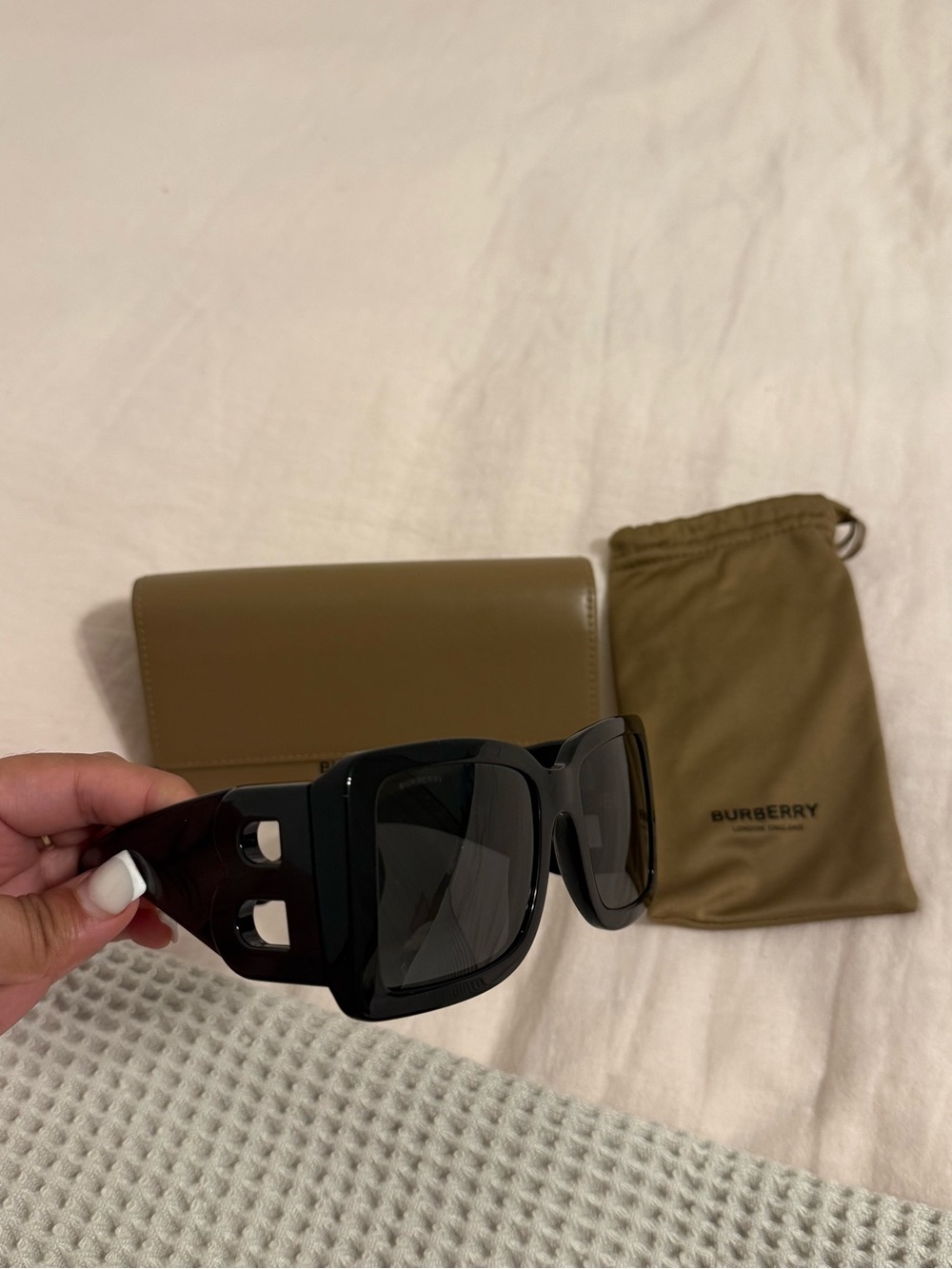 Burberry Black Glossy Square Sunglasses with Cutout Temples Authentic